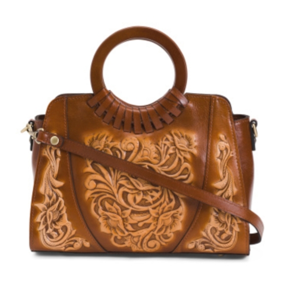 NWT Patricia Nash Lyon Tooled Leather Satchel with crossbody strap, Tan Multi - Picture 4 of 10
